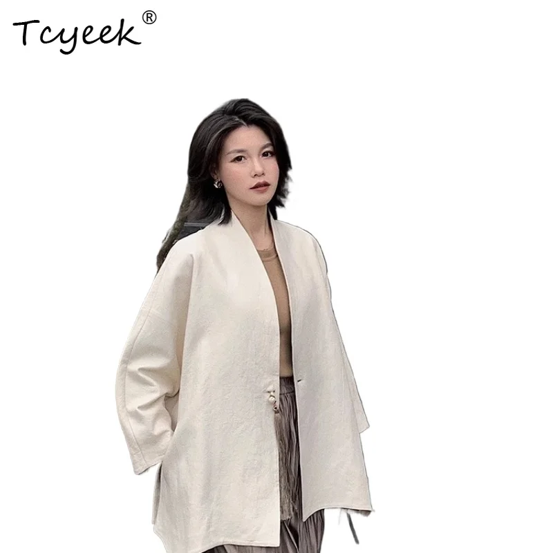 Tcyeek 리얼 양가죽 봄 가을 트렌디 스탠딩 칼라 중국식 태슬 여성용 천연 가죽 재킷