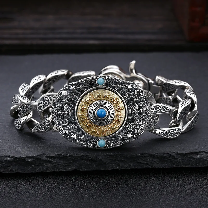 925 sterling silver zodiac bracelet protective talisman charts rotatable trendy men's Thai silver retro ornament