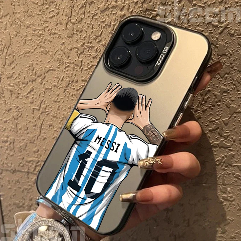 ميسي كرة القدم سوبر ستار تصميم بالكهرباء الفضة قضية الهاتف آيفون 15 16 14 13 12 11 برو ماكس XS X XR 7 8 زائد غطاء
