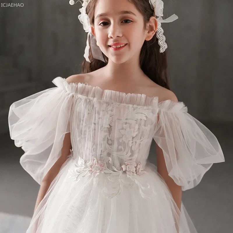 Girls White Princess Party Dress Puffy  Performance Evening Pageant Formal Celebration Tulle Flower Girl Wedding Gown for Piano