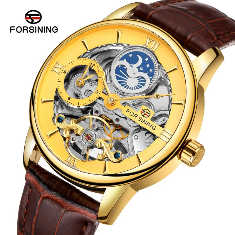 Free Shipping OUTLETSNew forsining European American Style Men's Fashion Casual Hollow Moon Phase Automatic Mechanical Watch