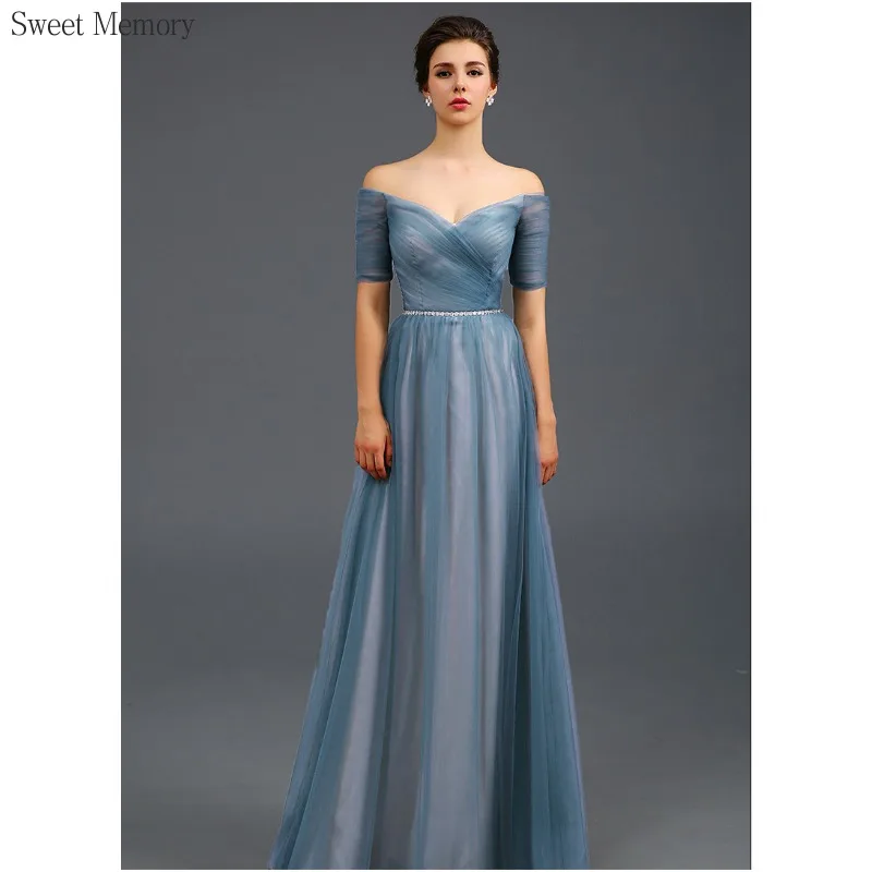N1140 فساتين السهرة الرسمية رمادي أزرق النبيذ الأحمر الأسود اللباس الحلو الذاكرة أنيقة قصيرة الأكمام الطابق طول فستان حفلات الزفاف