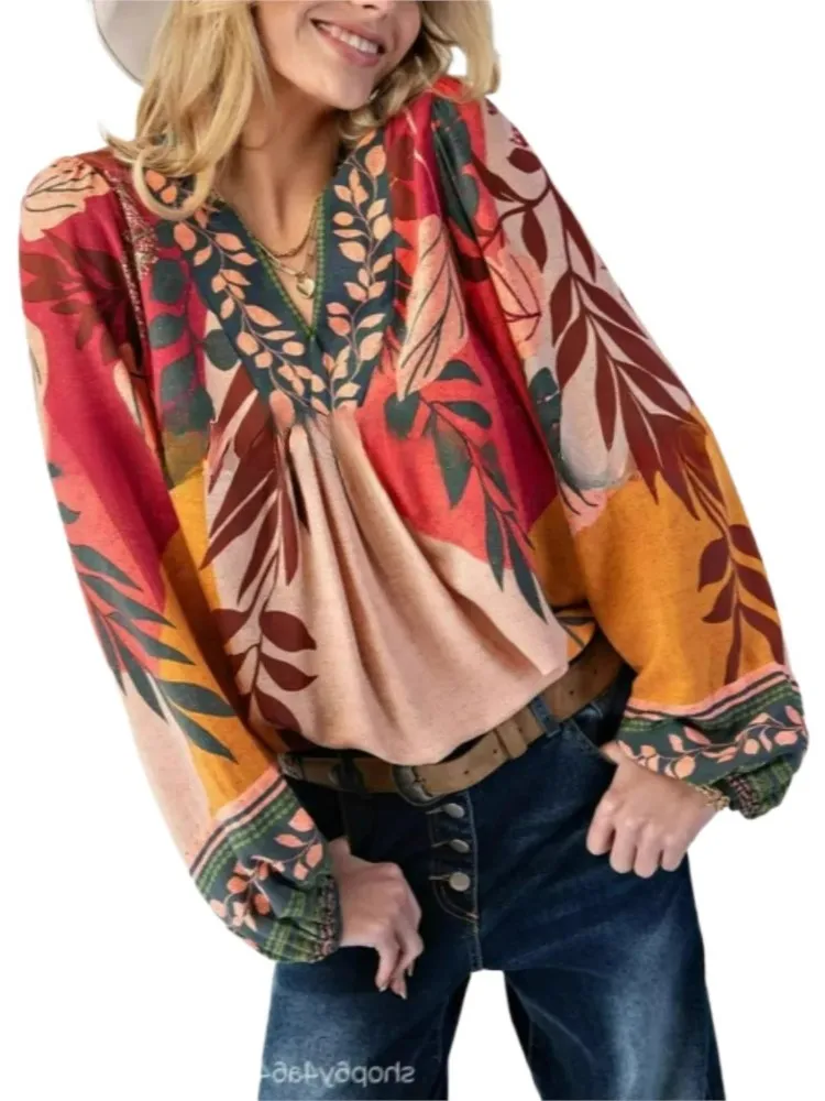 

Осень 2022, новая женская рубашка с v-образным вырезом и длинными рукавами с принтом, свободный пуловер, модный топ, элегантные повседневные женские топы и блузки