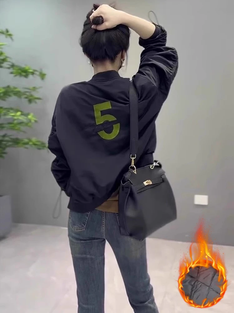 European Style Short Baseball Jacket Women's Fleece Lined Thickened Autumn Winter New Arrival Small Size Fashion Top