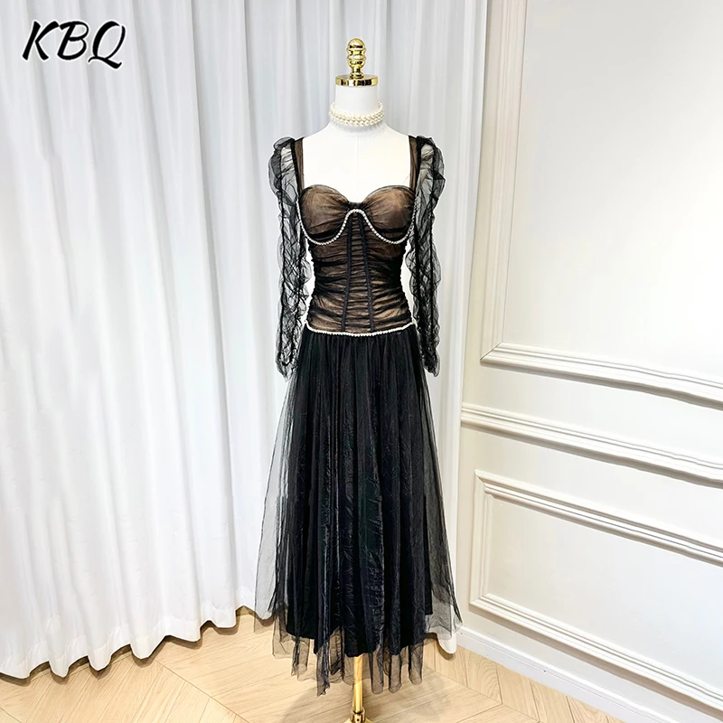 KBQ Solid Elegant Spliced Mesh Dress For Women Square Neck Long Sleeve High Waist Patchwork Zipper Temperament Dresses Female