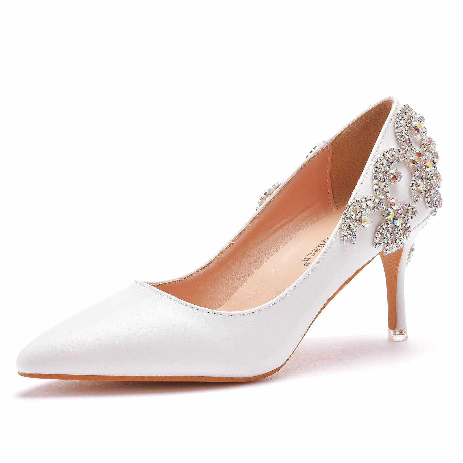 Women Fashion Shoe Sexy Women Pumps Ankle Pointed Toe Wedding Rhinestone PU 7.5CM Thin Heels Cover Heel Dress Woman Shoes White