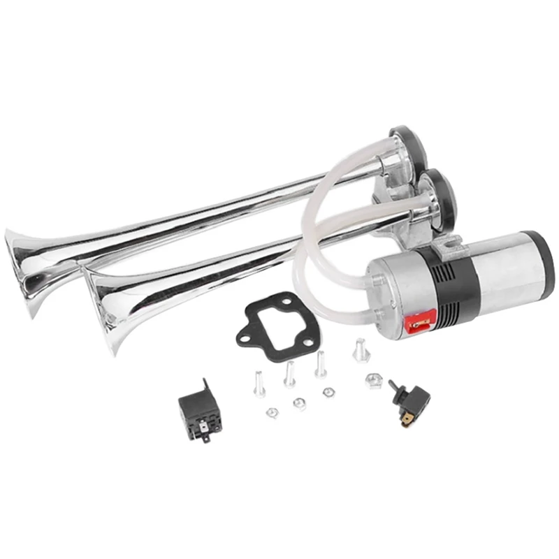 12V/24V Double Air Horn Kit, 15 Inches Trumpet Train Air Horn With Compressor For Car Vehicle Truck Train Boat, Silver