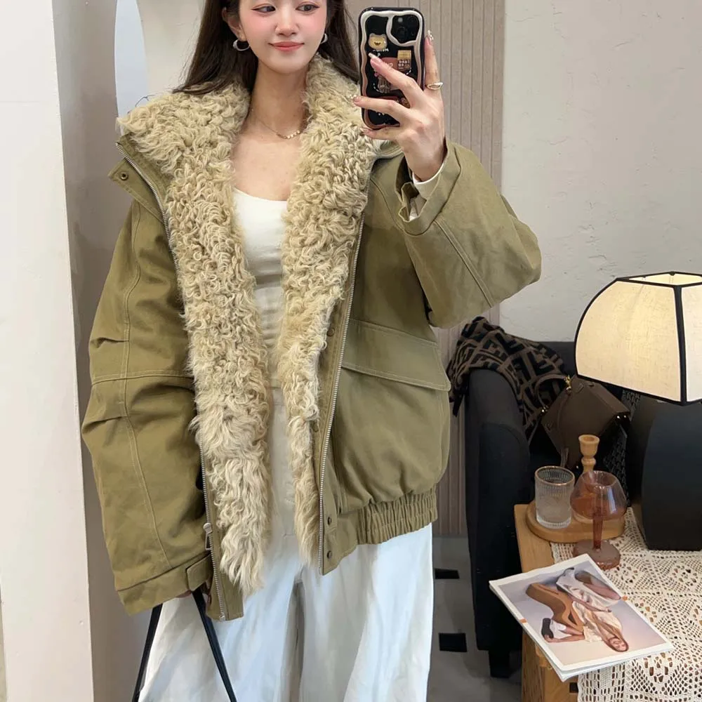 2025 Herfst Winter Mode Vrouwen Jassen Losse Casual Lamswollen Jas Dikke Warme Vrouwelijke Overjas Ganzendonsjack