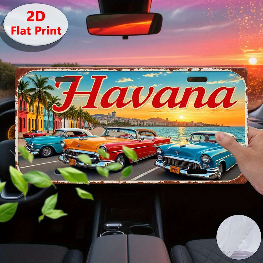 2D Flat, 1pc Vintage Aluminum Wall Art Retro Havana, Cuba Travel with Classic Cars & Sunset Beach Scene, Rustic Metal Plaque