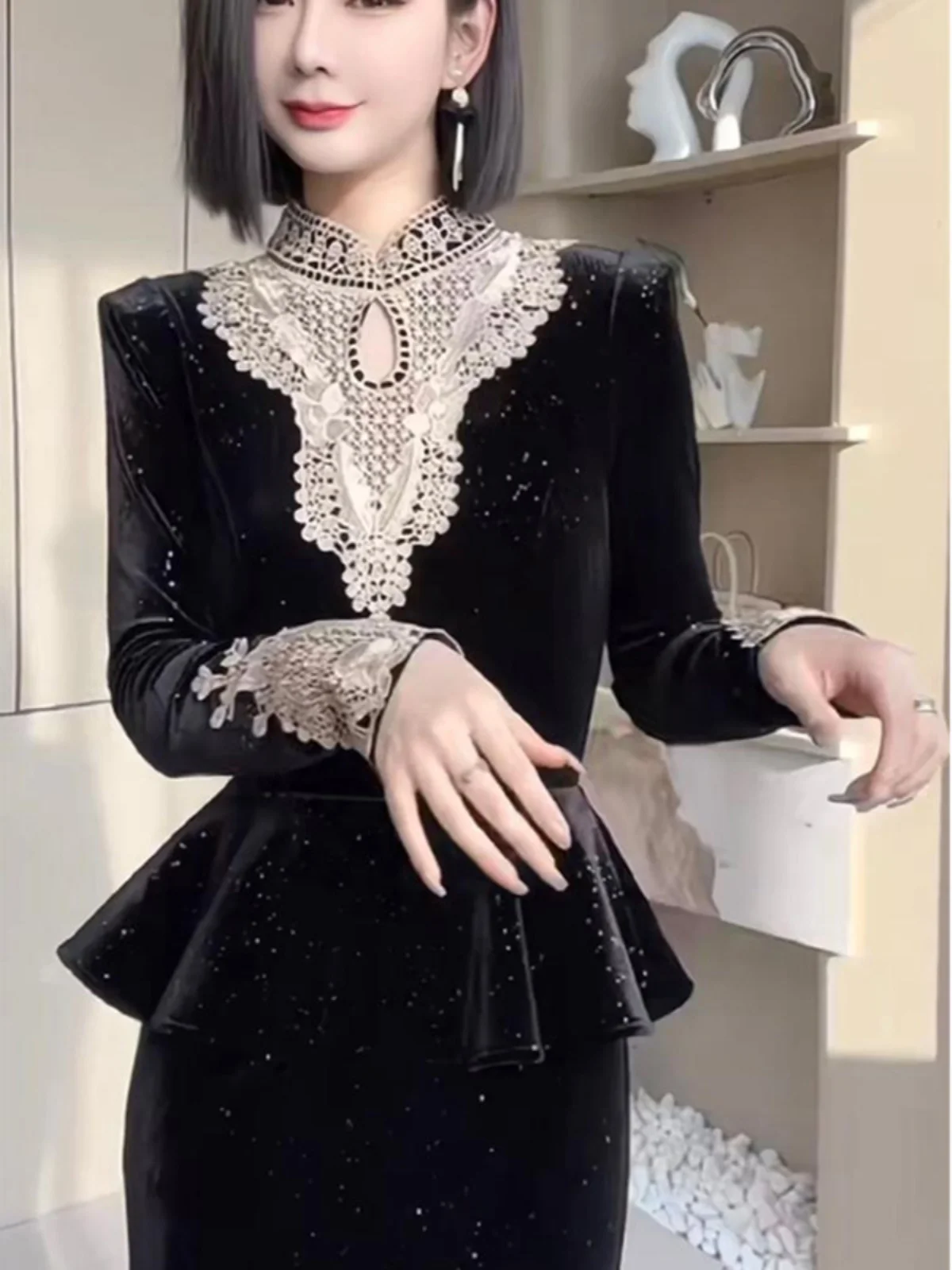 Retro Midi Dr Farbe Blo Abnehmen Sammelt Herbst Winter Neue Sle Faionable Dr Hohe Taille Polyester Faser Lange Sve