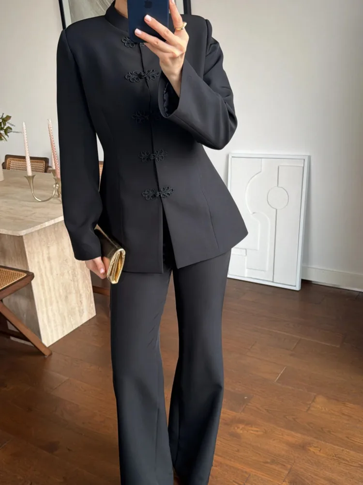 

VTKW 2026 New Arrival Chinese Style Mandarin Collar Frog Button Cinched Waist Structured Shoulder Blazer Wide Leg Pants Set