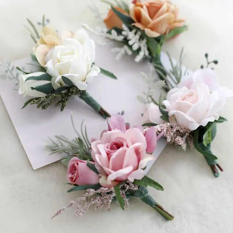 Boutonnieres ดอกไม้ประดิษฐ์ดอกกุหลาบสีขาวผ้าไหมงาช้าง Corsage Buttonhole เจ้าบ่าว Boutonniere สําหรับชายอุปกรณ์จัดงานแต่งงาน