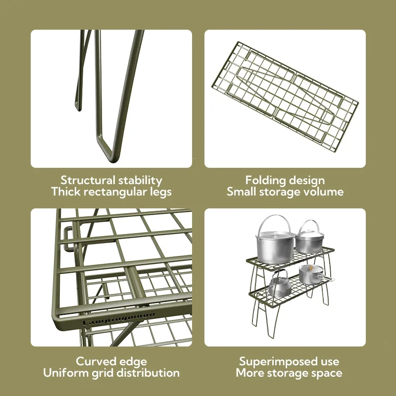 Camping lua rack de armazenamento personalizado 2 prateleiras acampamento piquenique mesa & cadeira conjunto prateleiras metal acampamento cozinha mesa dobrável