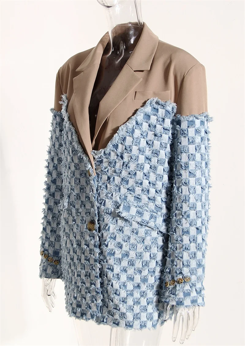 Splicing Plaid Pattern Women Suit Notch Lapels Two Buttons Tops Glamorous Contrast Colour Long Sleeve Blazer New Design In Stock