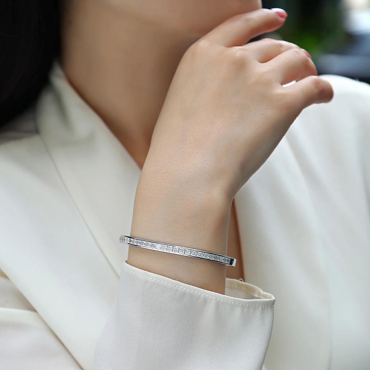 Elegant D Color VVS1 Moissanite Bangle, s925 Sterling Silver Bracelet with Sparkling Square Cut Stones, Perfect for Women Christ