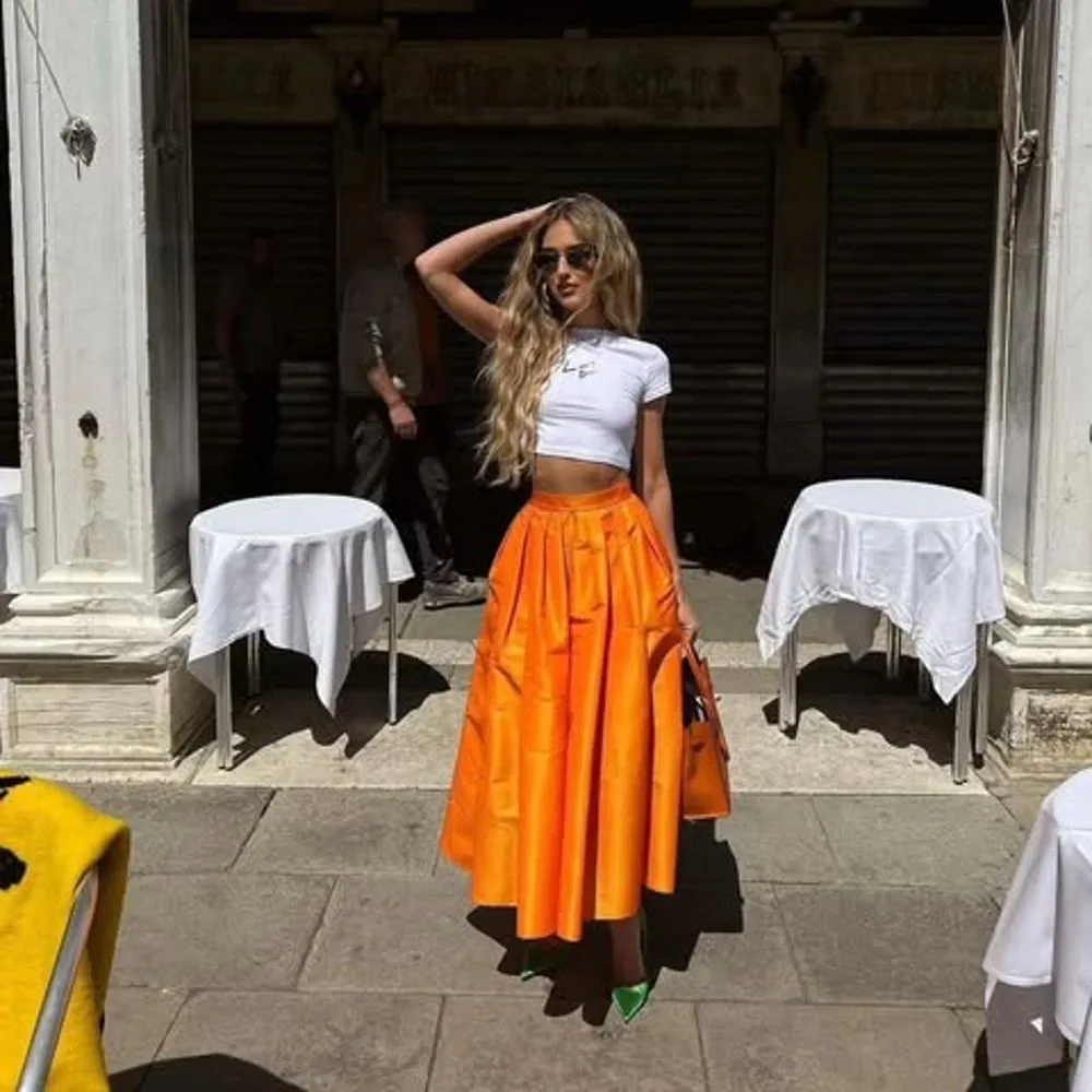 Street Stylished Hot Orange Ankle Length Taffeta Women Skirts A-line Pleated Long Female Holiday Skirt Maxi Skirt