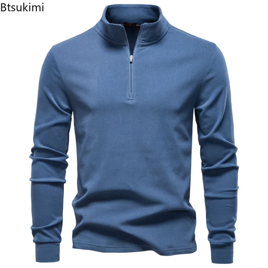 

2025 New Men's Half Zipper Pullovers Solid Slim Casual Long Sleeve Sweatshirts Autumn Winter Warm Stand Collar Hoodies Male Tops