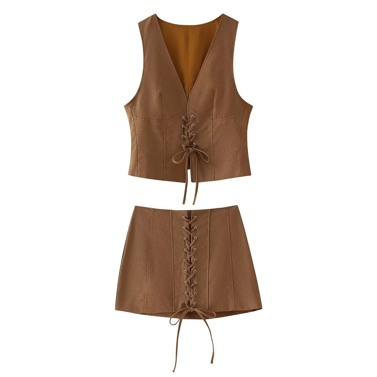 Summer Womens Brown Lace Up Vest And Short Skirt