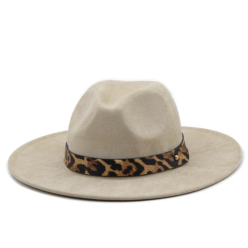 Hot Suede Women Men Leopard belt Fedora Hat For Winter Autumn Elegant Lady Gangster Trilby Felt Homburg Church Jazz Hat 55-58CM