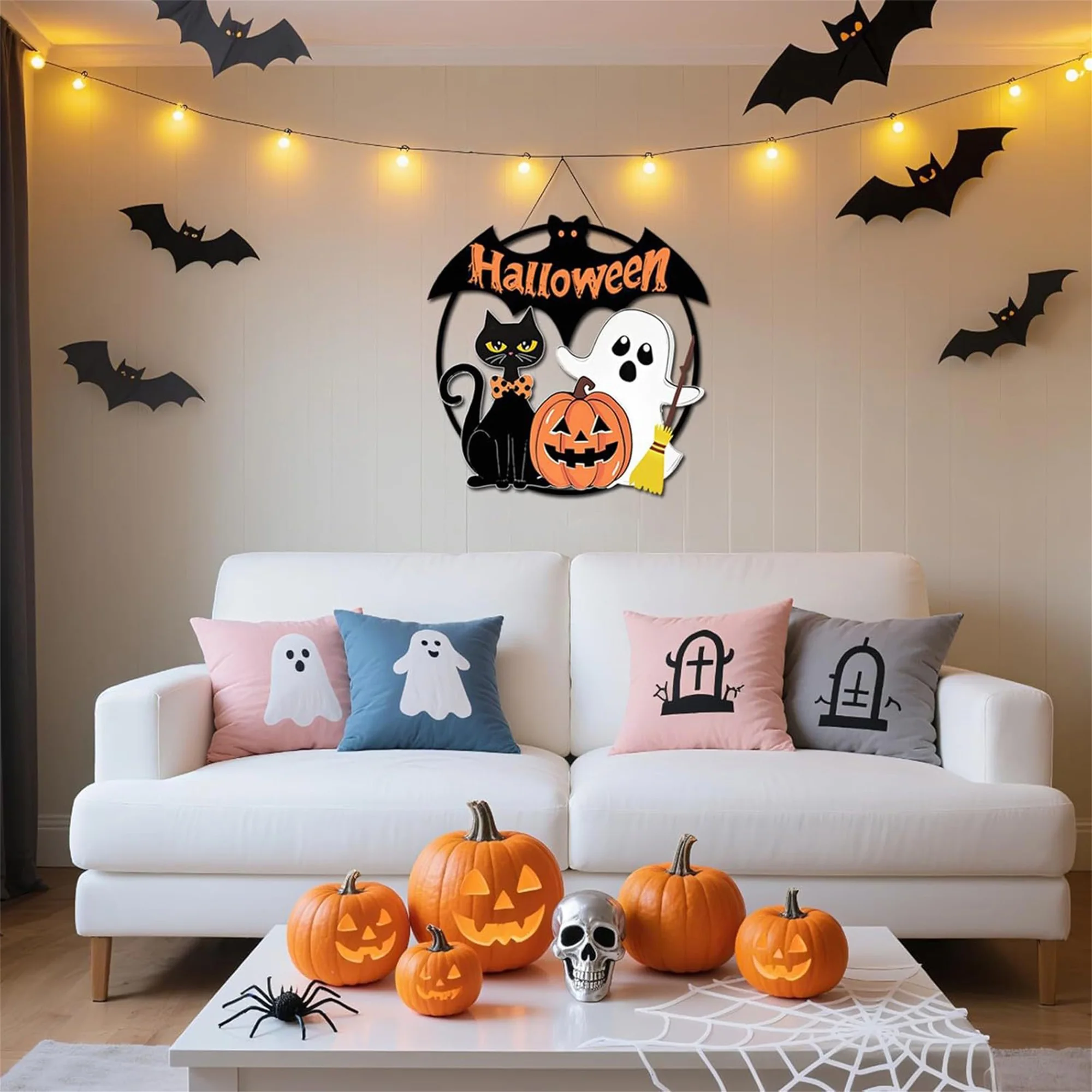 لافتة باب خشبية مخيفة للهالوين مع مضرب اليقطين الشبح على شكل قطة سوداء - ديكور معلق احتفالي للحفلات المنزلية