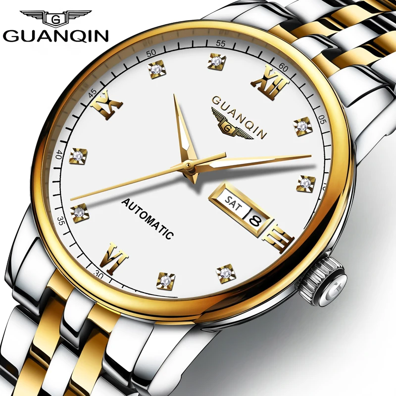 

Мужские механические часы класса люкс GUANQIN, оригинальные брендовые часы с автоматическим механизмом, корпус из нержавеющей стали, двойной календарь, водонепроницаемые часы 30 м