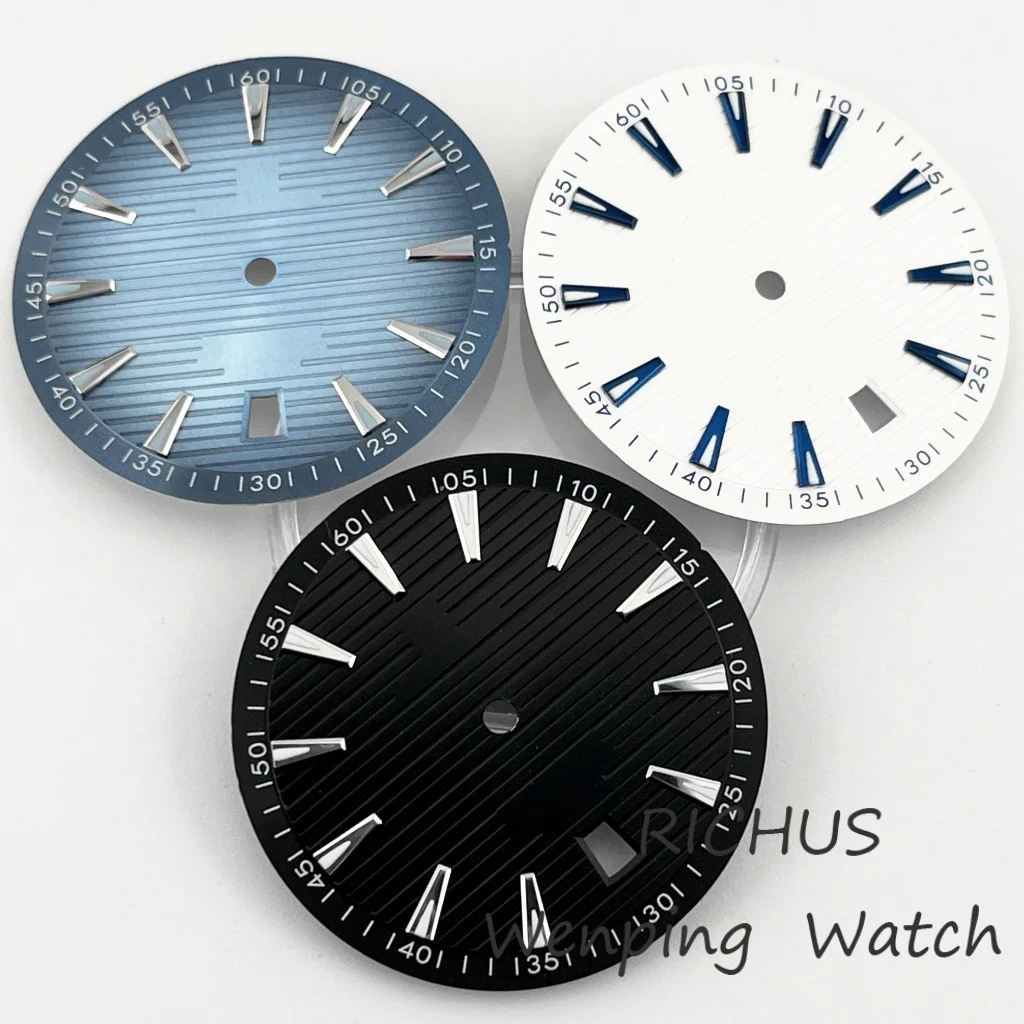 NH35 33.5mm Watch Dial Black/White/Blue 6 o'clock Date Window With Hands Green Glowing Automatic Movement Watch Accessories