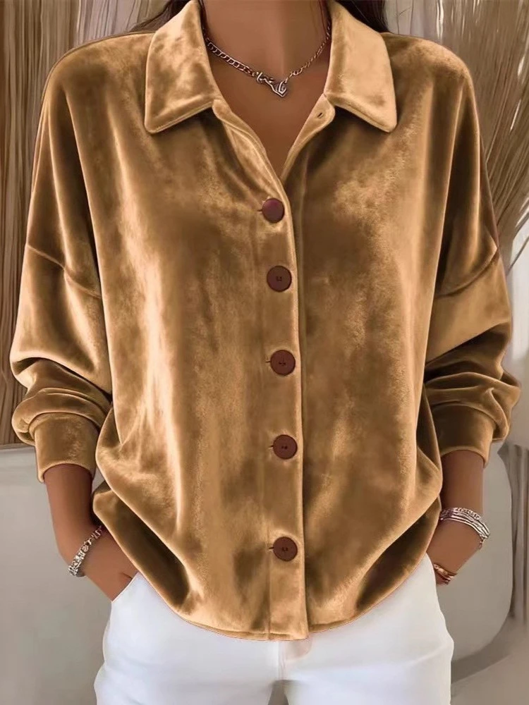 Autumn New Solid Color Loose and Comfortable Casual Lapel Long Sleeved Button Up Shirt Multi-color Women's Top