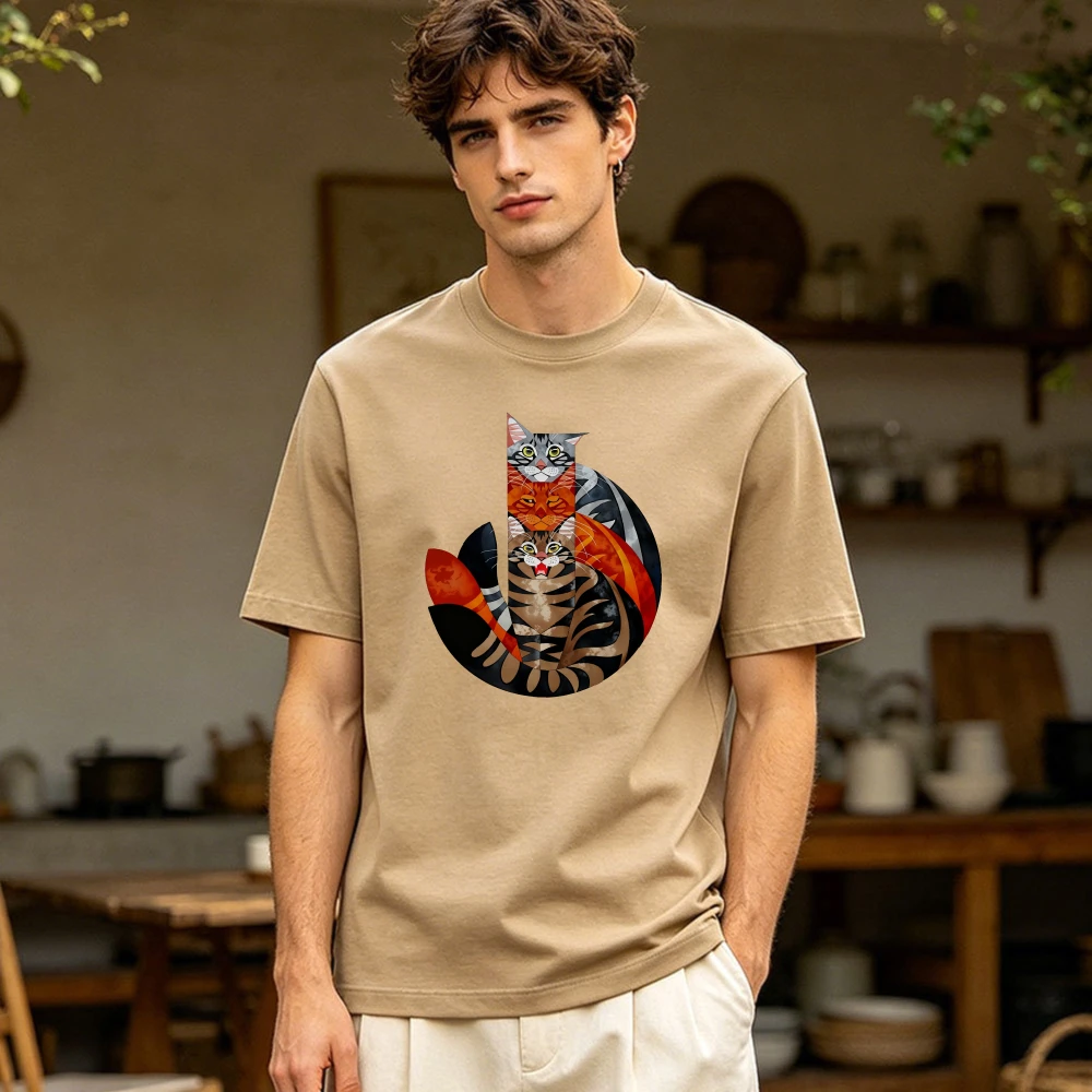Stacked Abstract Cat Geometric Circle Art Men Cotton T Shirt Feline Lover Creative Minimal Trendy Street Tee