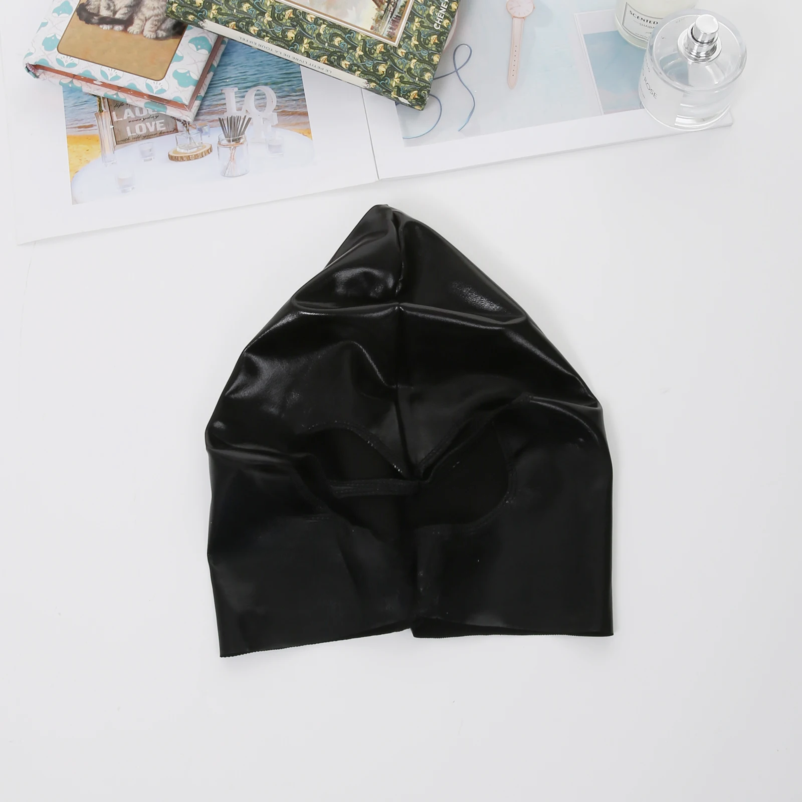 Men Cosplay Face Mask Faux Leather Unisex Wet-Look Headgear Open Eyes and Mouth Women Hood Role Play Costume image 6