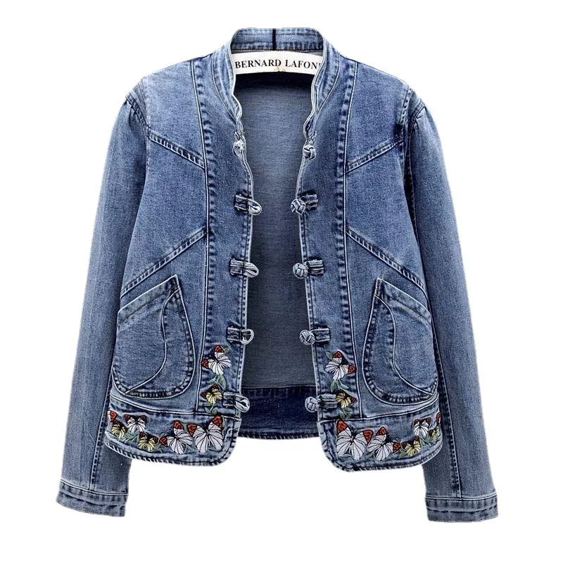 Women Retro Denim Jacket Elegant Chinese Style Denim Coat with Embroidery for Women Slim Fit Long Sleeve Jacket with NEW