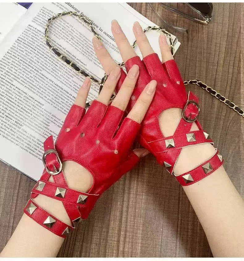 Unisex Fingerless Driving PU Leather Gloves Motor Cool Rivet Sexy Disco Dancing Rock and Roll Black Red White Punk Gloves