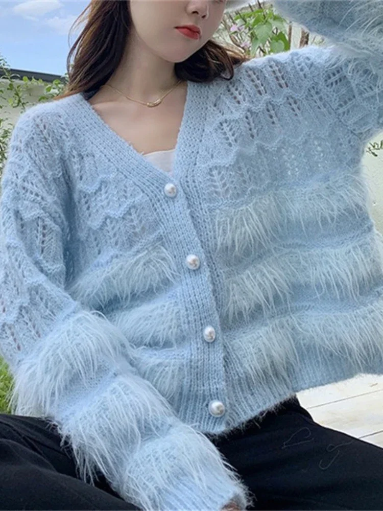 

Gentle wind fringed sweater jacket women's 2024 new hollow loose V-neck knitted top women