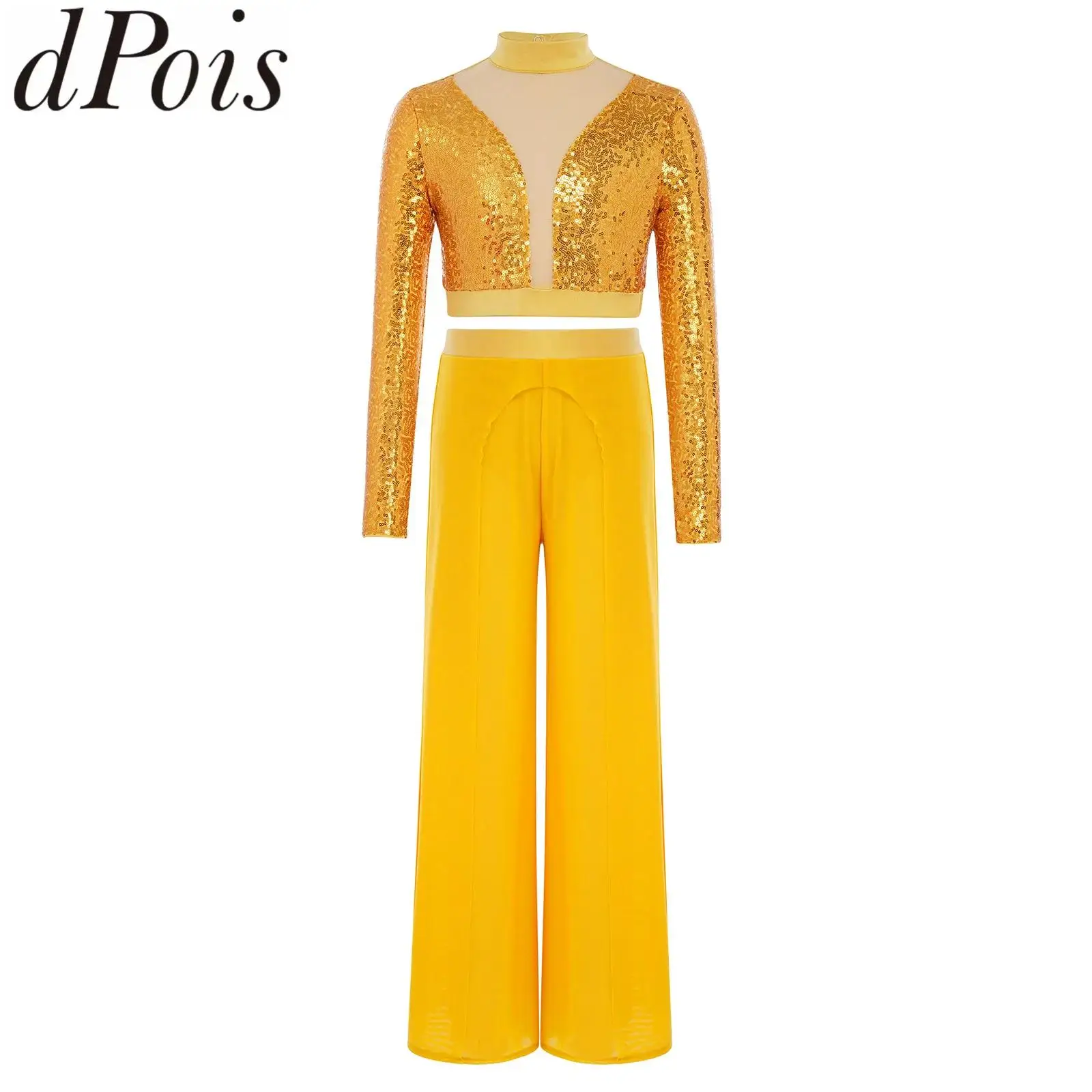 

Kids Girls Jazz Lyrical Praise Dance Dresses Performance Outfit Long Sleeve Sequin Crop Top with Pants Figure Skating Ballet Set