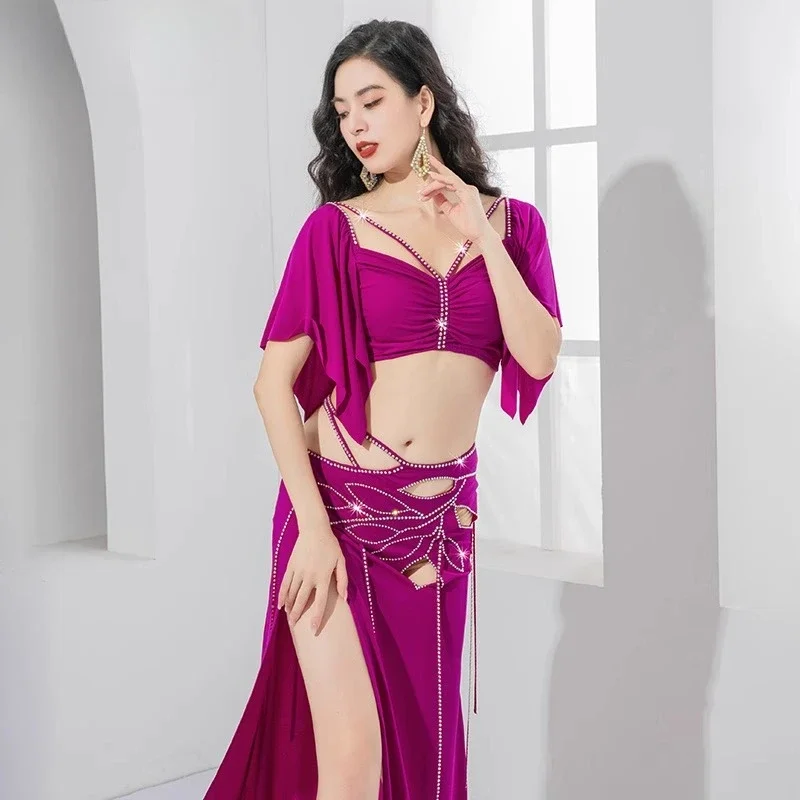 Costume di danza del ventre personalizzato con fessura singola, stampa a caldo, modello di diamante, pratica di danza orientale, vestiti per spettacoli, prezzo economico