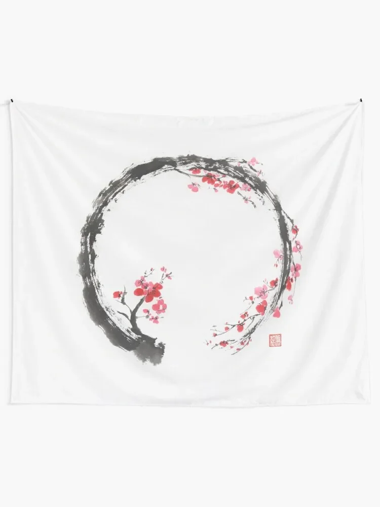 Zen sumi-e conceptual painting of Enso circle as a red cherry blossom branch art print Tapestry Decor For Bedroom Tapestry