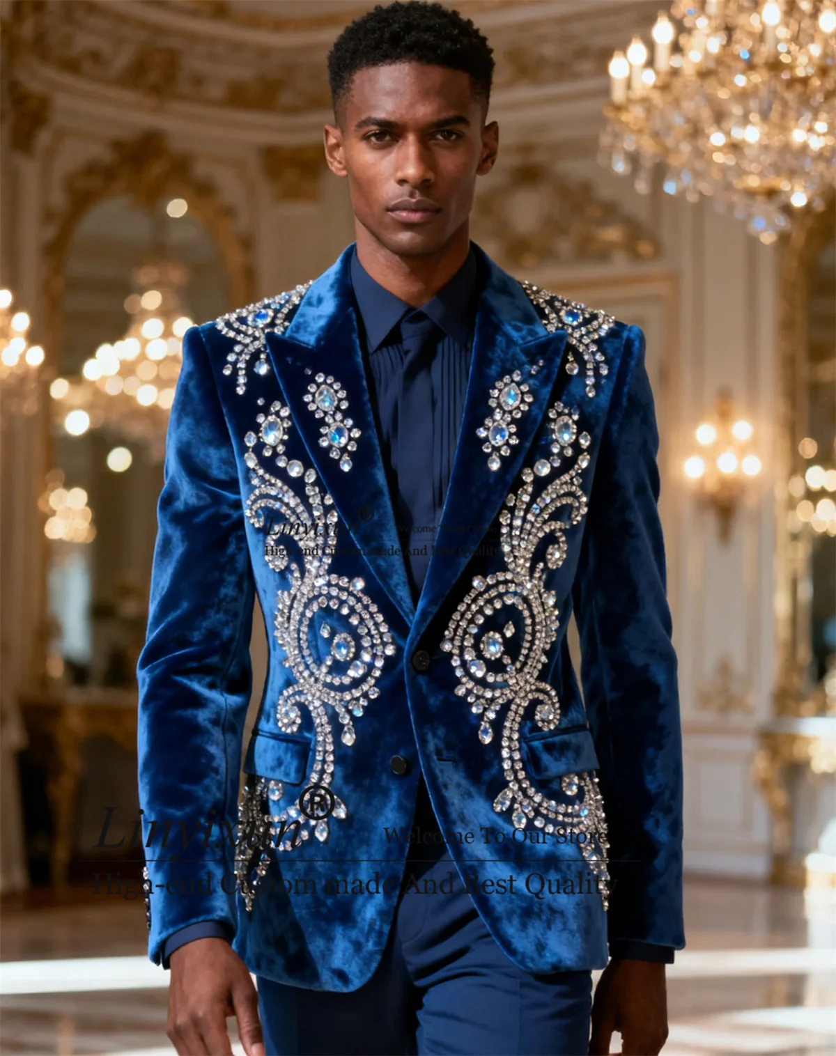

Elegant Velvet Men Suits 2 Pieces Sets Groom Male Blazers Rhinestones Beaded Ropa Wedding Slim Fit Customized Party Tuxedos