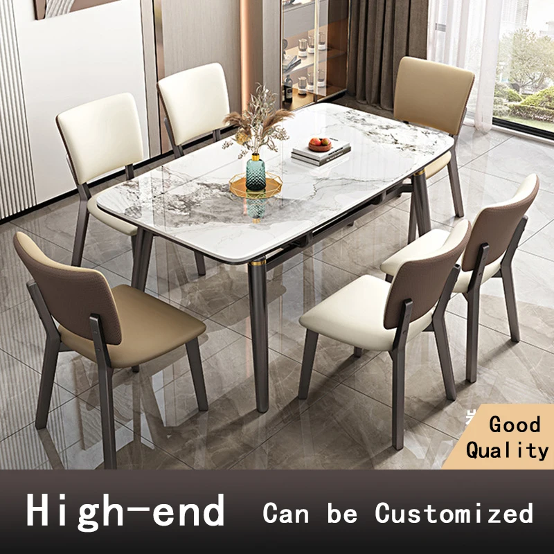 Rock Plate Dinning Room Table Set Italian Marble Rectangular Household Telescopic Folding Solid Wood Chair Food Furniture