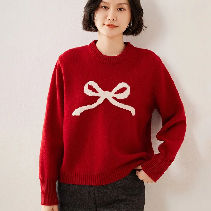 Autumn and Winter New Seven-Pin Thickened Wool Sweet Style Women's round Neck Pullover Knitted Long Sleeve Sweate