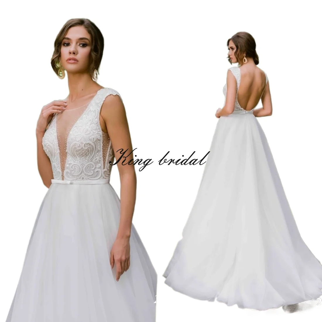 Embroidered Tulle Wedding Gown A Line Backless Wedding Dress Open Back Gown Custom Lace simple a line dress Bridal Gowns Gown