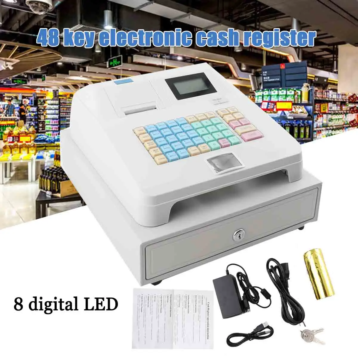 

Electronic POS System Cash Register, 48 Keys 8 Digital LED Display with Cash Drawer for Retail Restaurant Shop Supermarket
