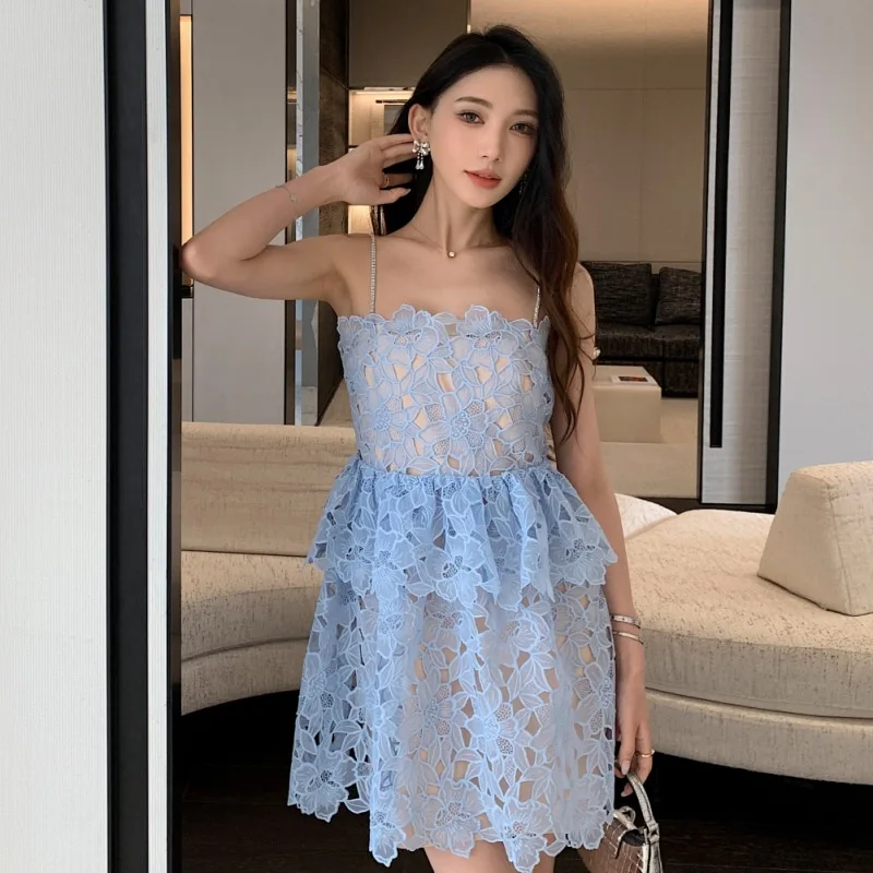 

Women 2-piece Dress Set Summer 2024 New Light Blue Strapless Short Dresses Cute Lace Suspender Dress Holiday Vestidos Para Mujer