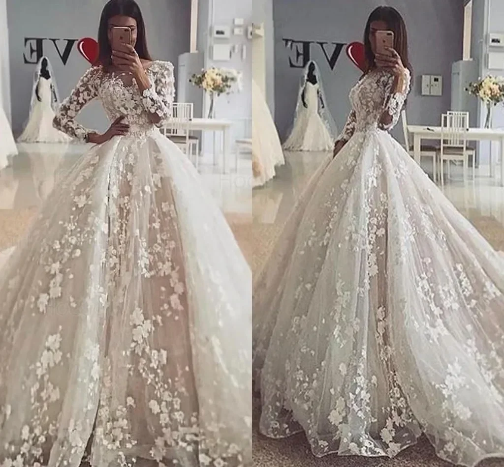 Vestidos de novia personalizados con cuello redondo y Apliques de encaje, Vestido de novia de estilo campestre de manga larga con tren de barrido