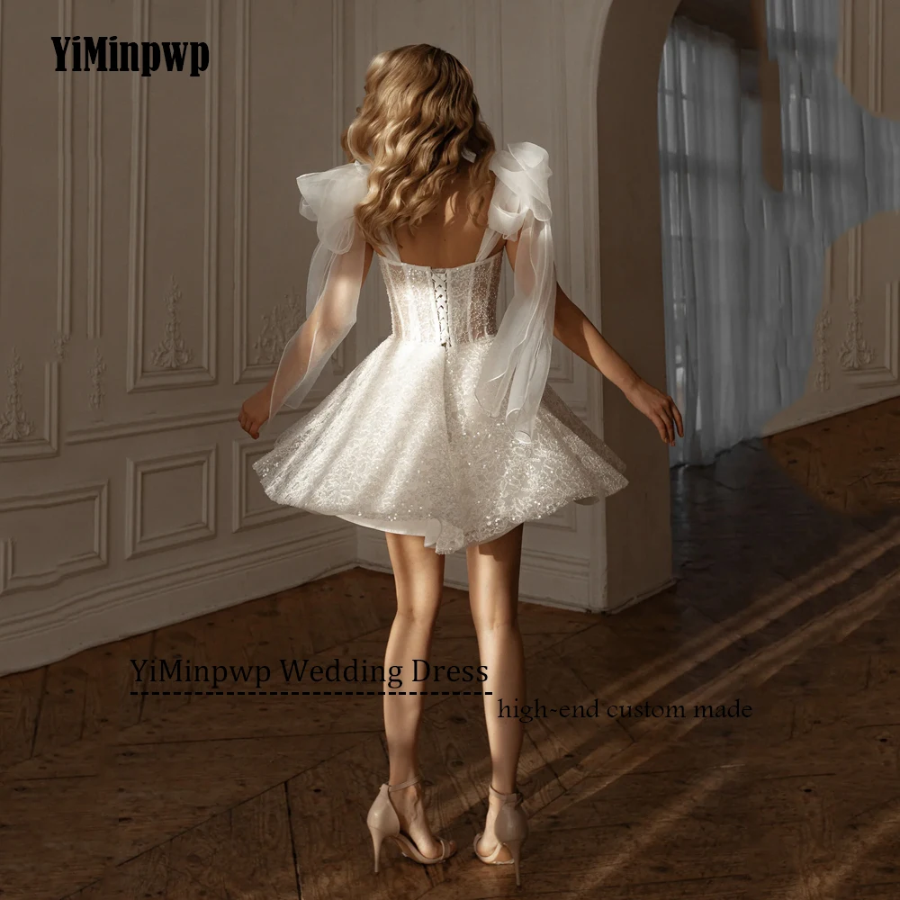 Mini Shiny Wedding Dresses Sequined A-Line Sweetheart Corset Bride Gowns Customized Wedding Party Gown Above Knee Customized