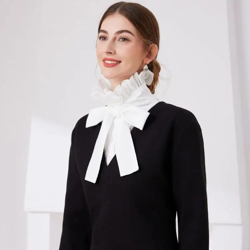 49ME Sophisticated Removable Fake Collar for Wome Elegant Ruffled Bows Tie Button Down Half Shirt Blouse Clothing Accessory