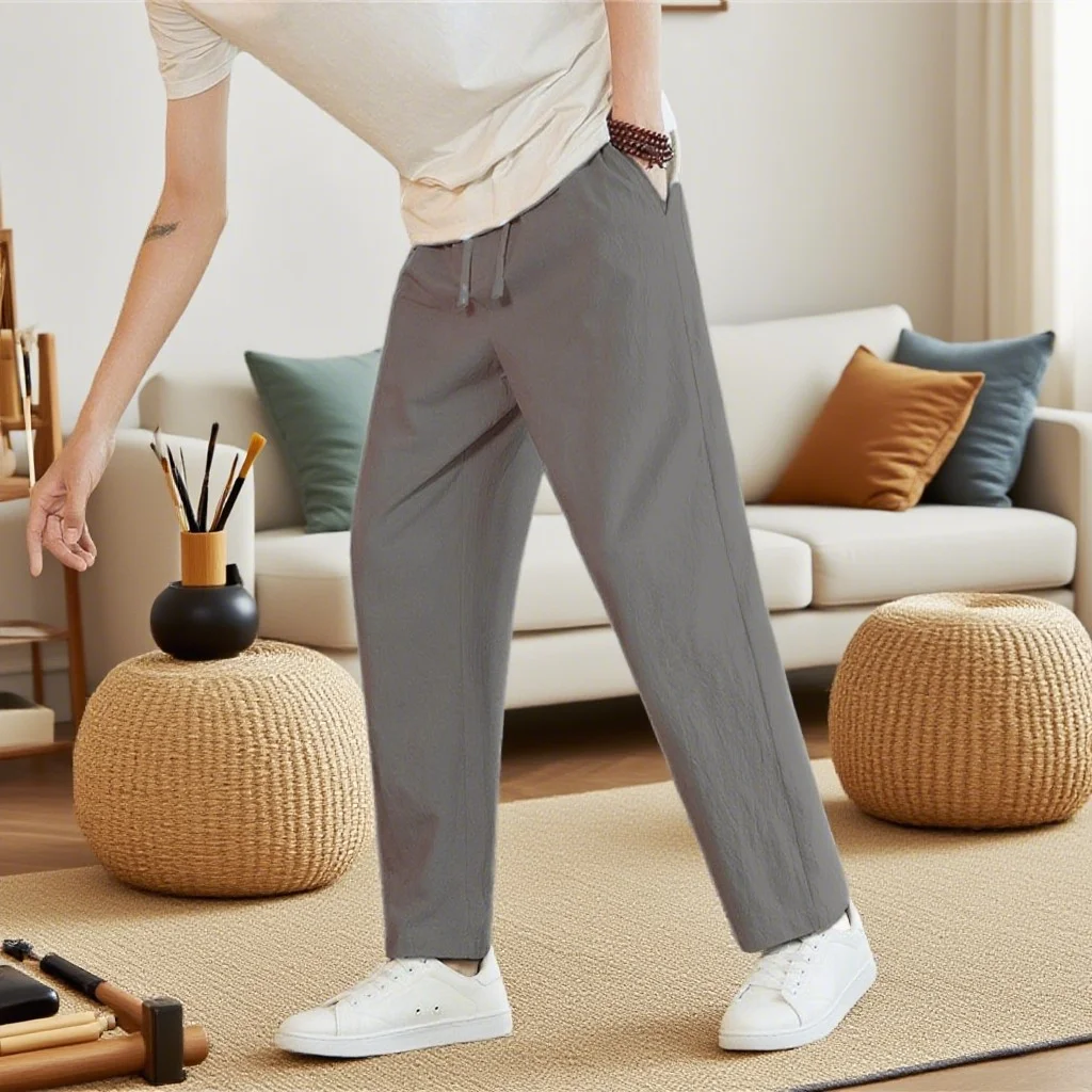بنطال رياضي رجالي من القطن والكتان على الطراز الصيني الجديد يسمح بالتهوية بلون سادة مريح وفضفاض لقضاء عطلة ملابس الشارع الصيفية #1