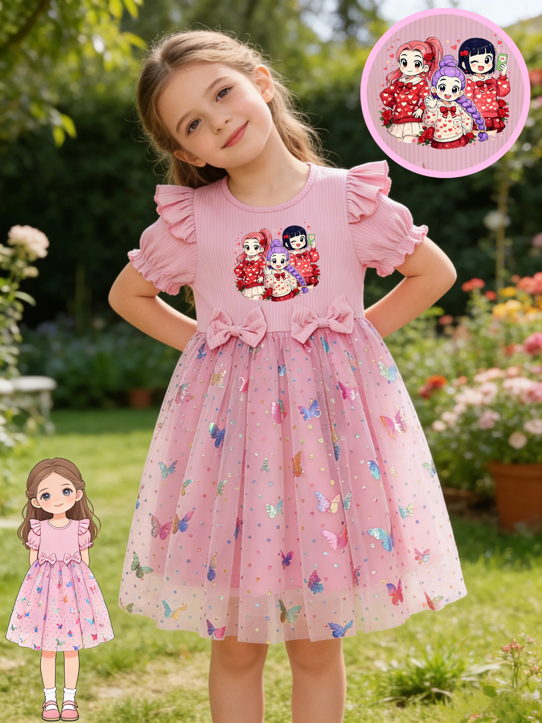 Girls' Strawberry Cartoon Girl Group Printed Dress, Colorful Butterfly Sequin Tulle Princess Dress