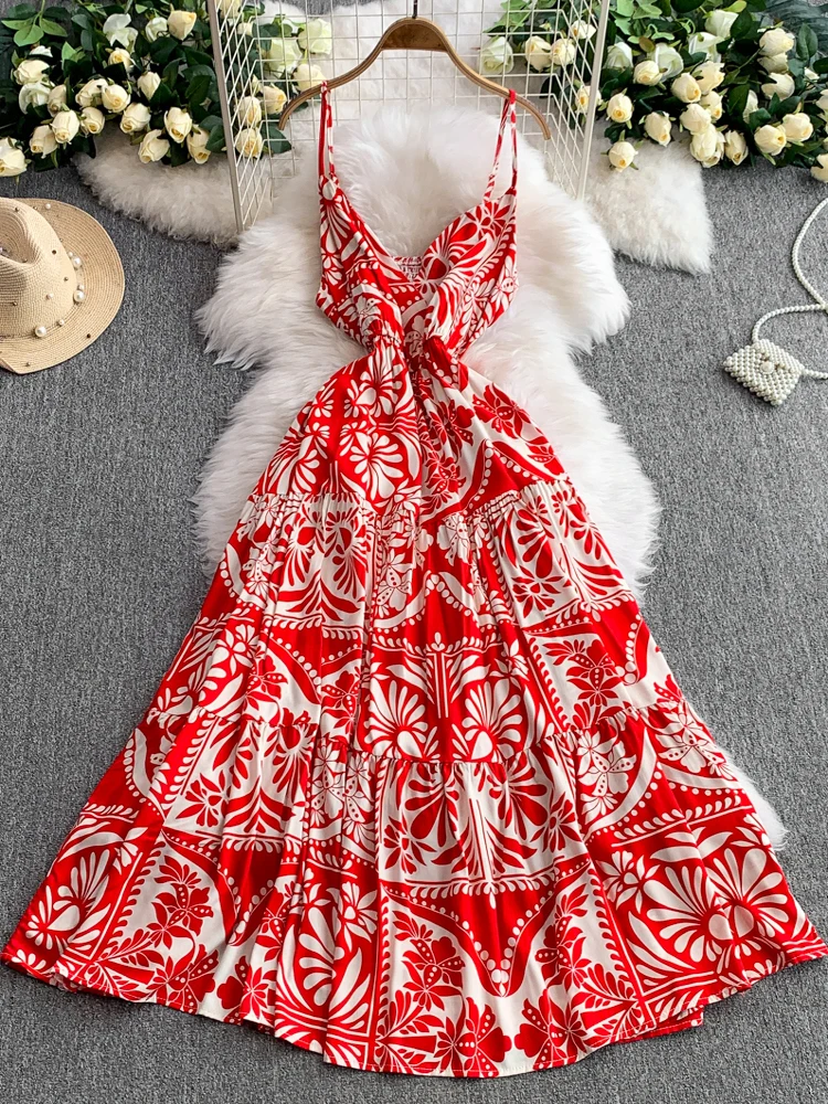 보헤미안 여성 시크 여름 플로럴 프린트 슬림 맥시 롱 드레스 캐주얼 섹시 스파게티 스트랩 비치 휴가 INS 파티 우아한 튜닉 드레스