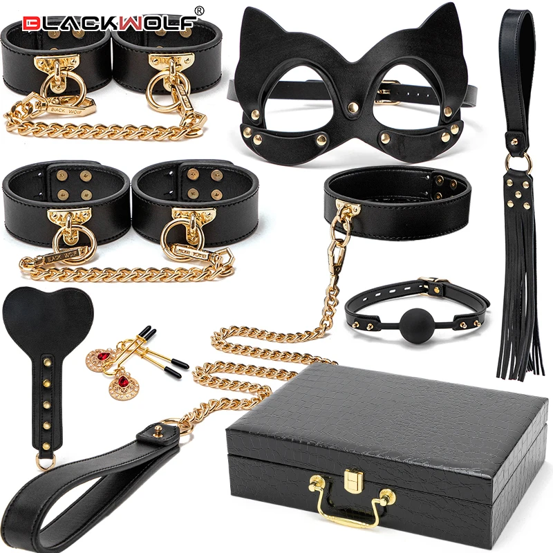 BLACKWOLF BDSM lit Bondage Kits ensemble de retenue en cuir véritable menottes col Gag érotique Sex Toys pour femmes Couples jeux pour adultes