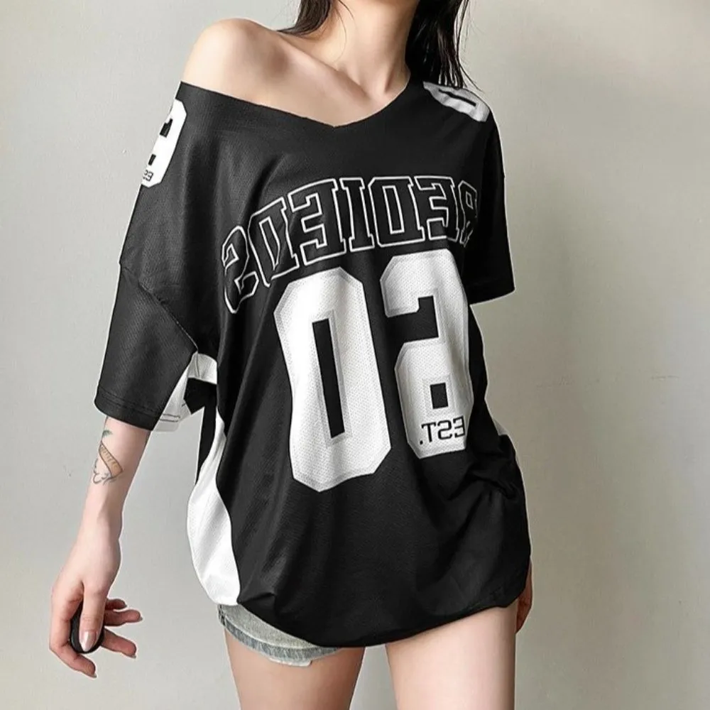 

Asymmetry Sporty Casual T-shirt English Letter Numbers Short Sleeves Top Atmosphere Style Versatile Harajuku Short Sleeved Party