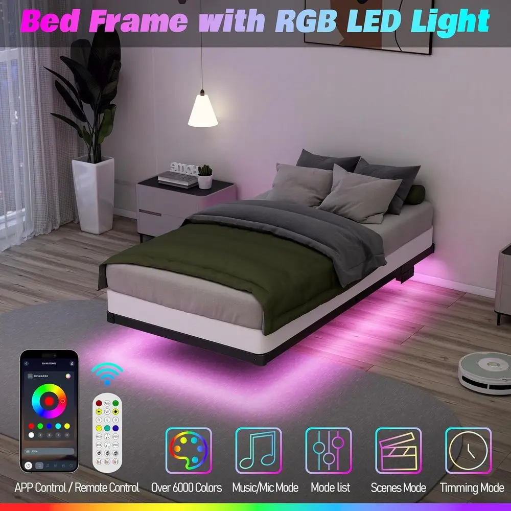 LED-lit Twin Platform Bed Frame with Charging Station, Kids' 8 Metal Bed with Storage, No Box Spring Needed